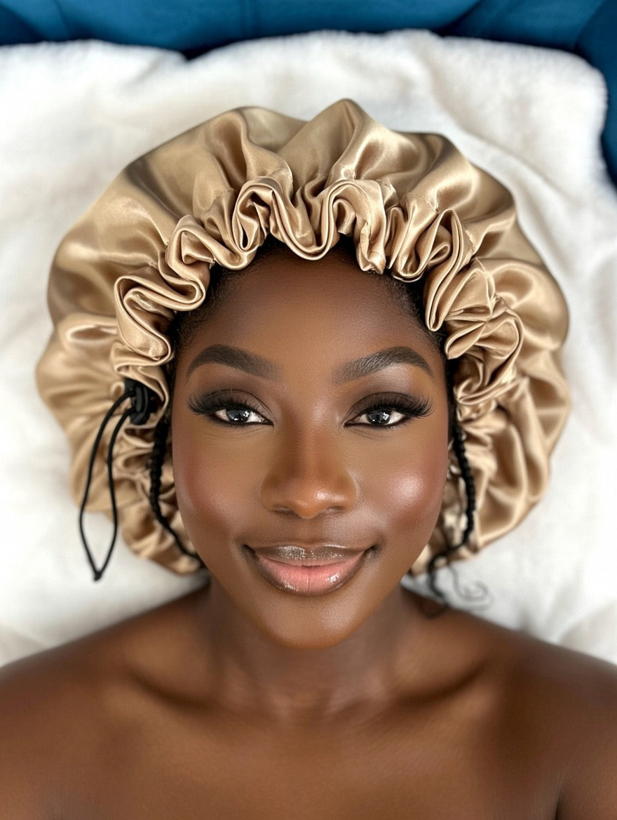 Madam Gold Satin Bonnet – Handgemachte Luxus Schlafhaube